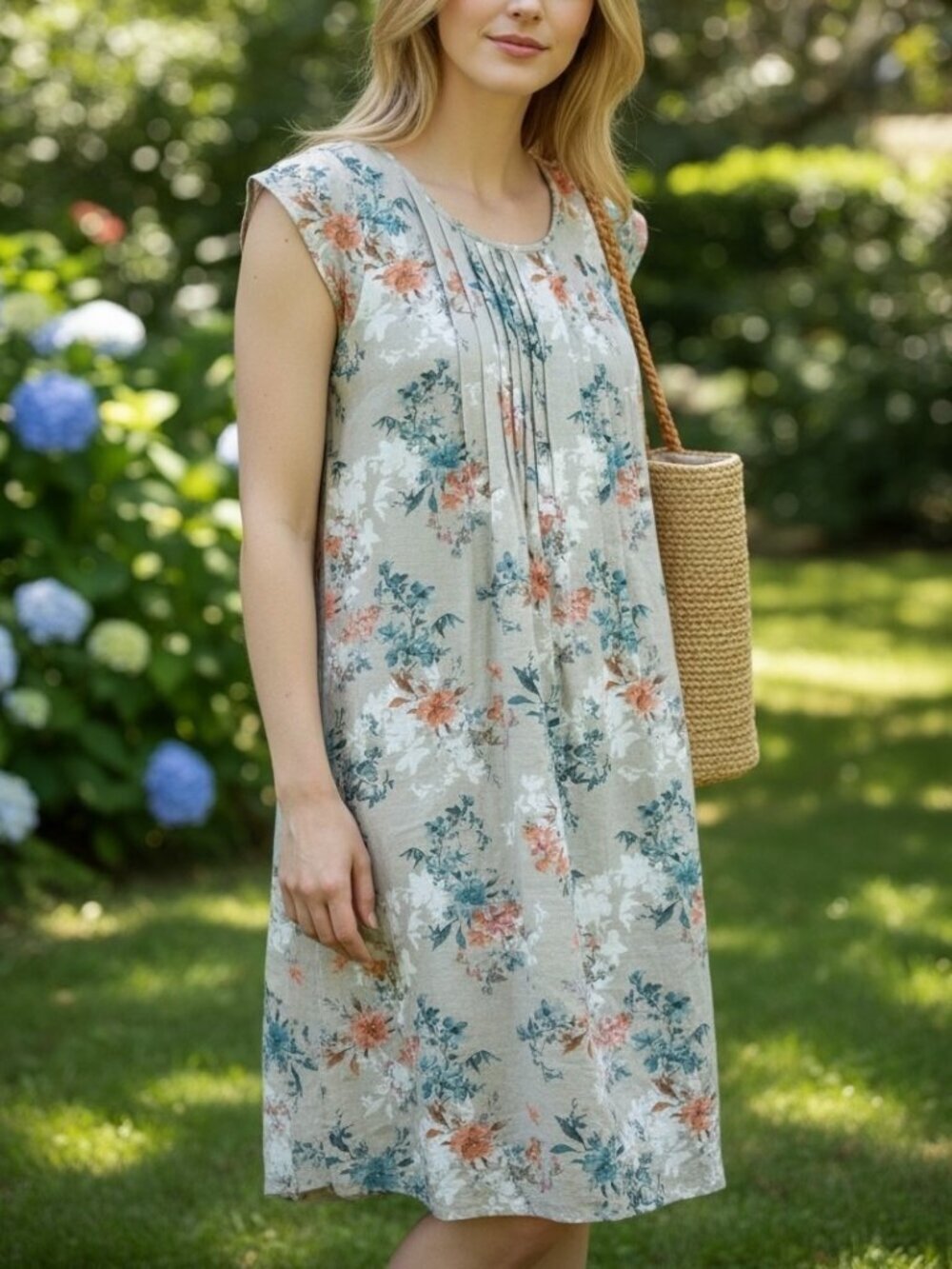 Sundance Floral Cotton Linen Blend Dress Size S Pleated Front Neutral